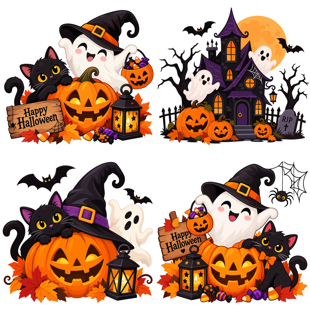 Halloween pumpkin ghost and black cat design set of 4