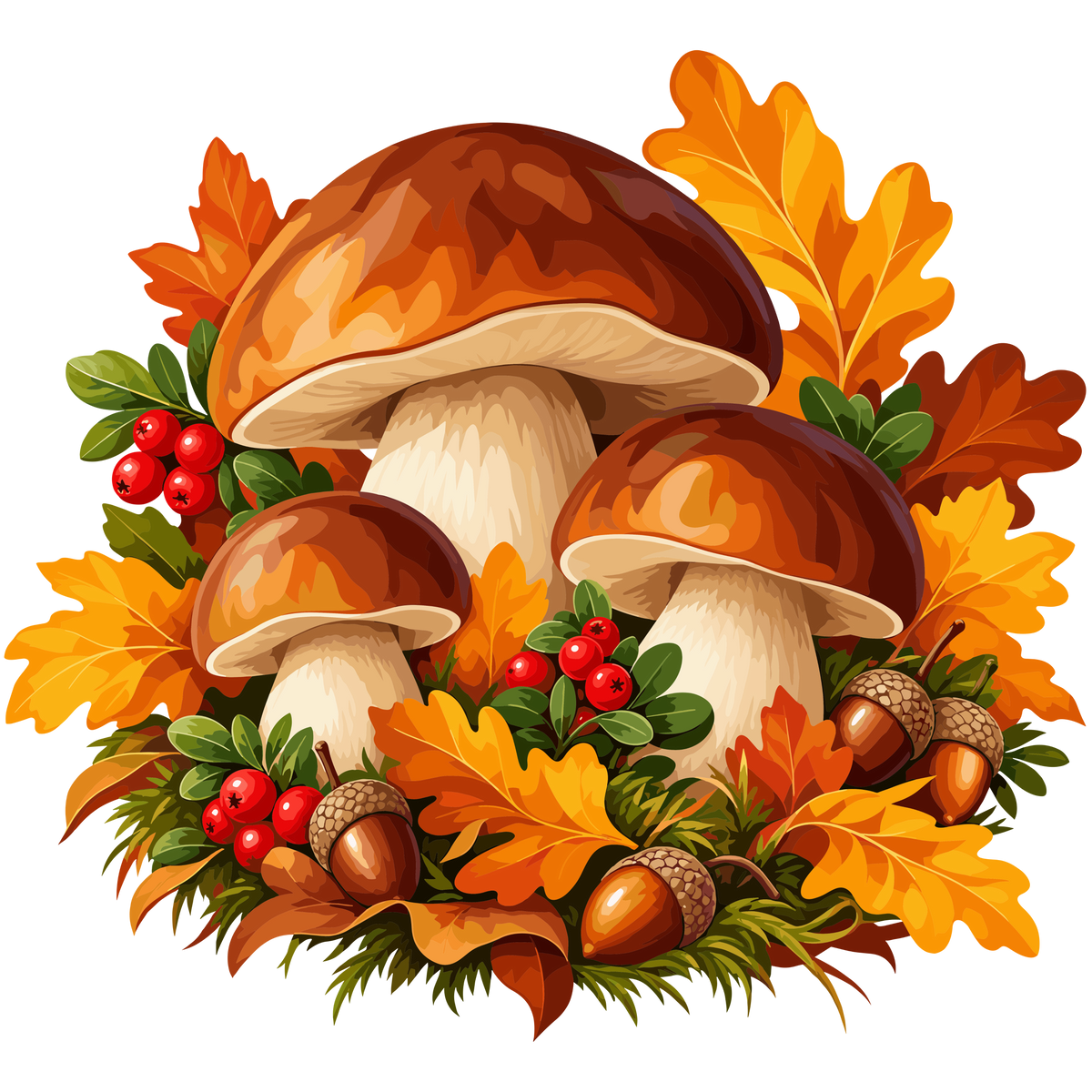 Autumn mushroom and woodland foliage clipart with acorns and berries