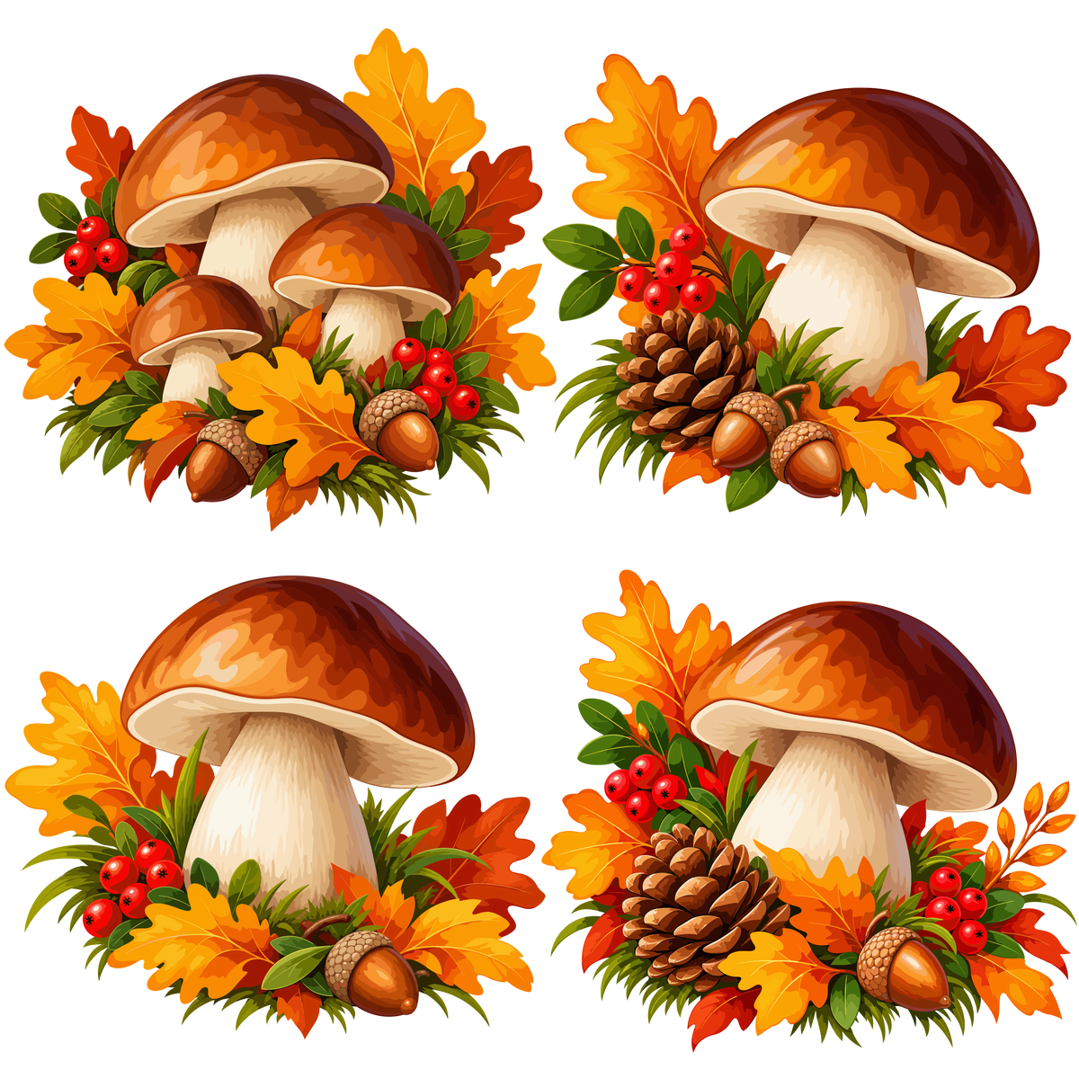 Autumn mushroom clipart set with oak leaves berries pine cones and acorns