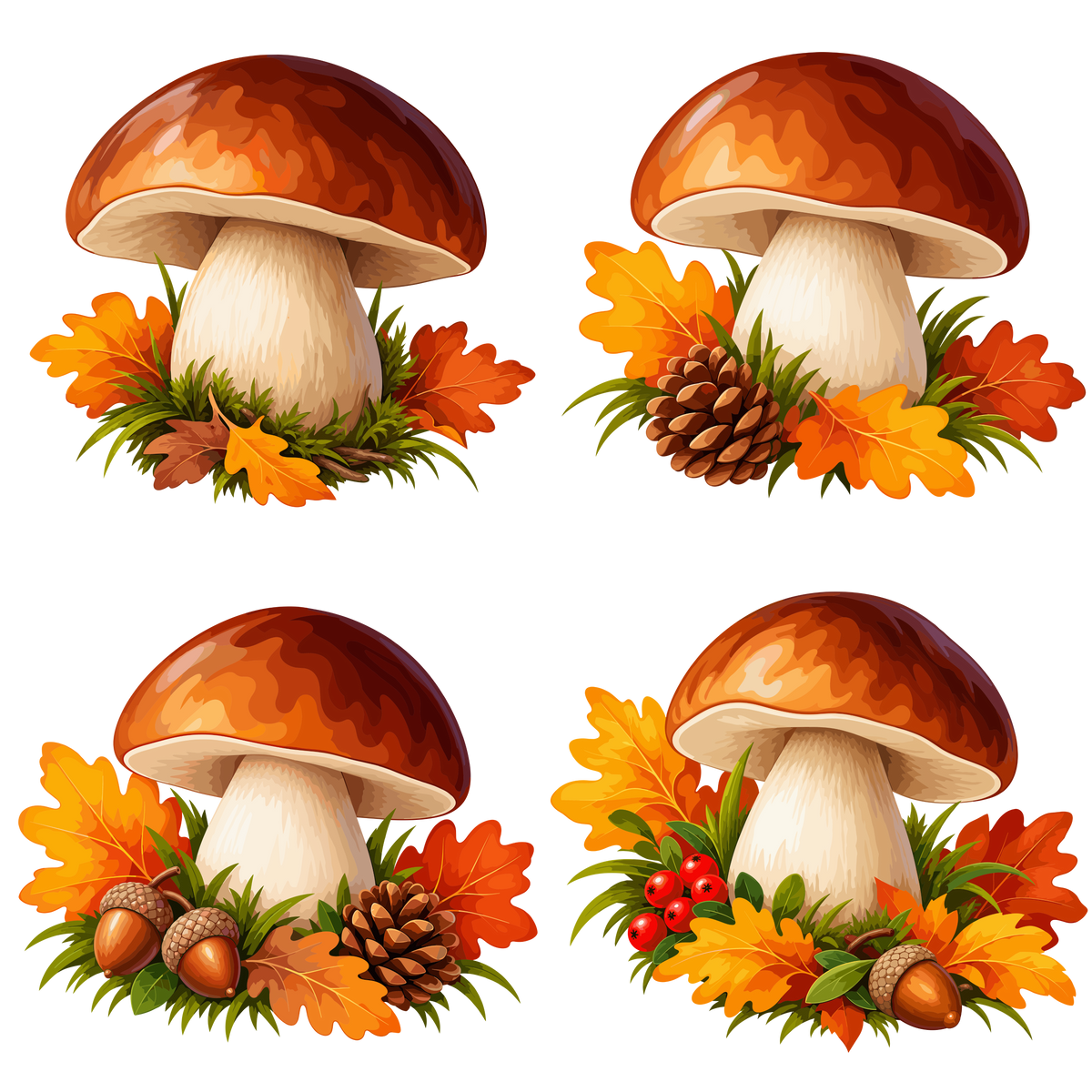 Autumn mushroom clipart set with oak leaves pine cones acorns and berries
