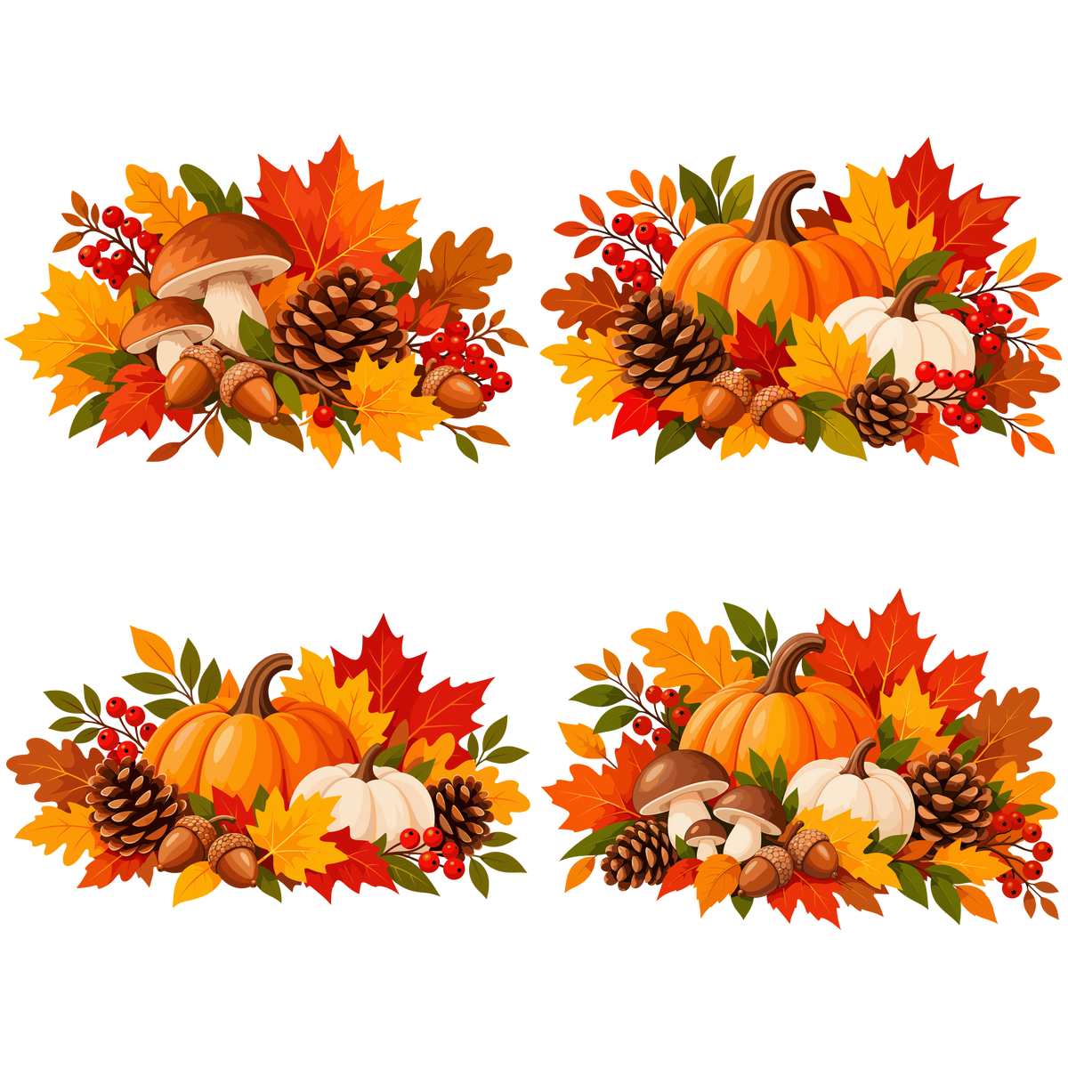 Autumn pumpkin mushroom and pine cone clipart set