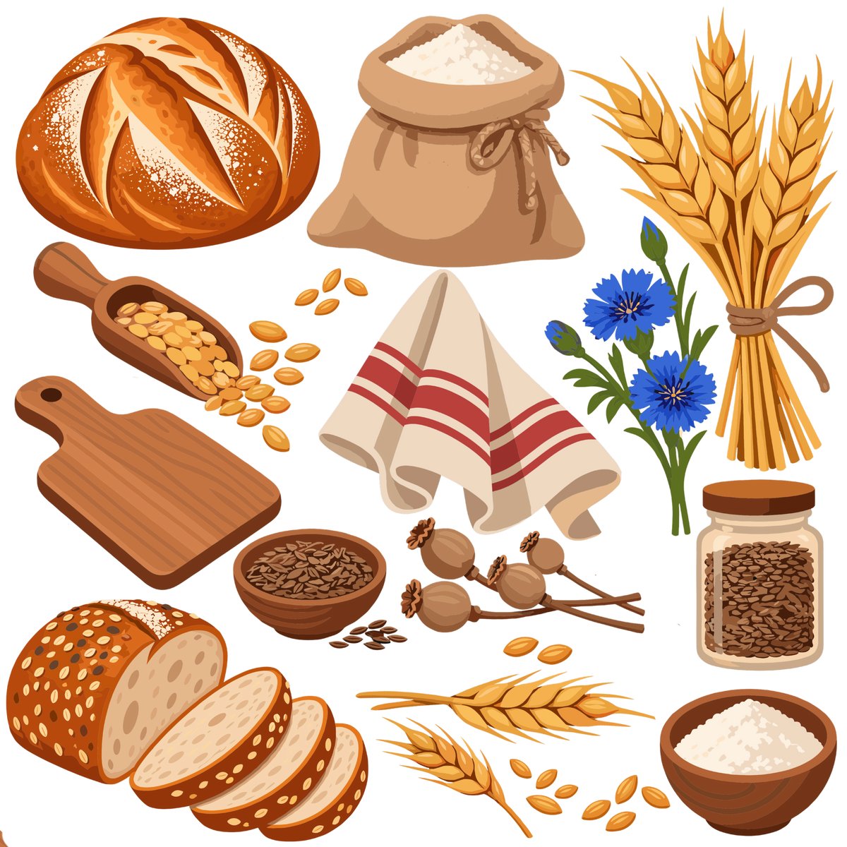 Bread, wheat, flour and baking ingredients clipart set