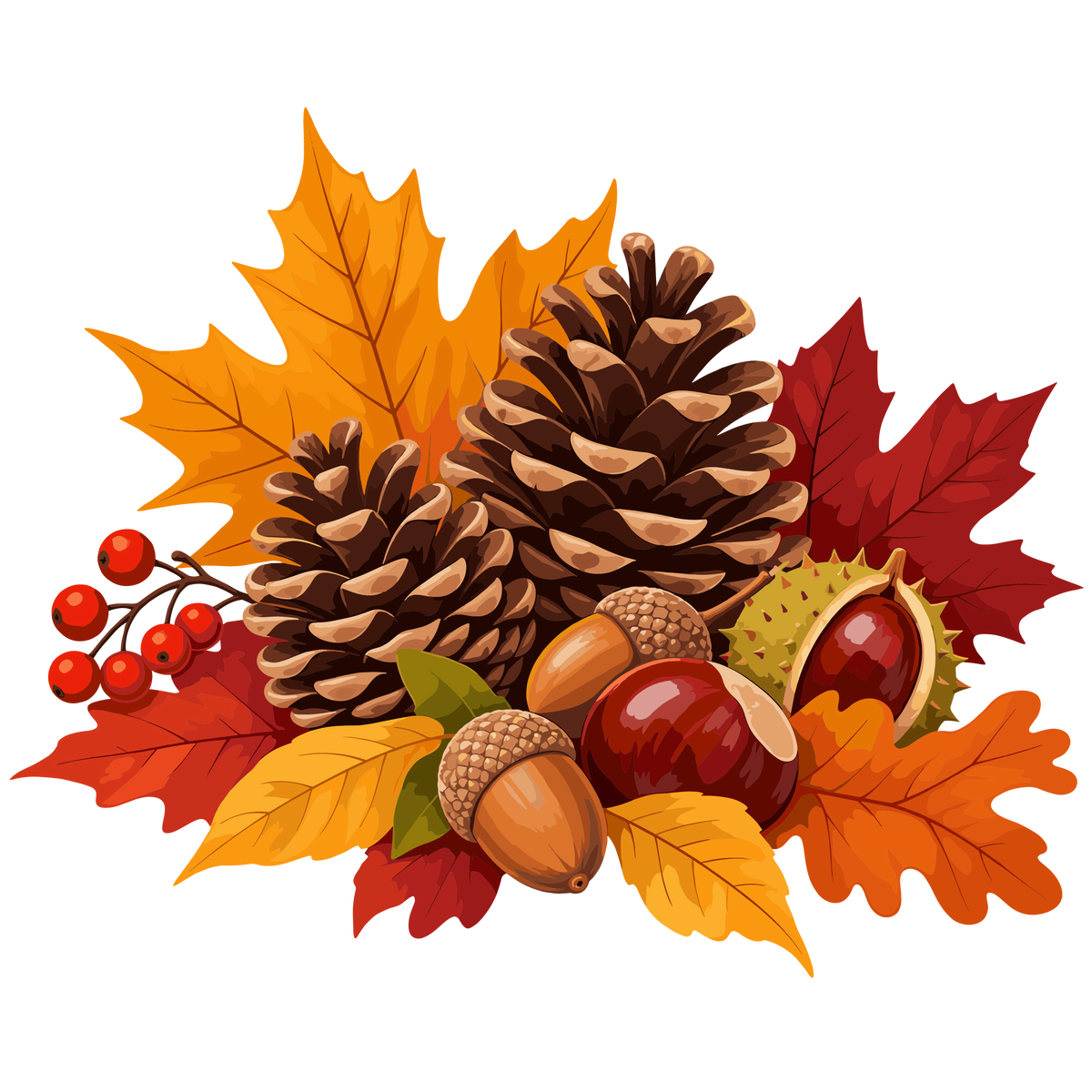 Autumn pine cones, leaves, acorns, chestnuts and berries clipart