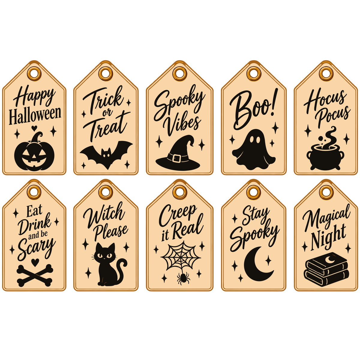 Halloween vintage gift tags with spooky quotes and icons