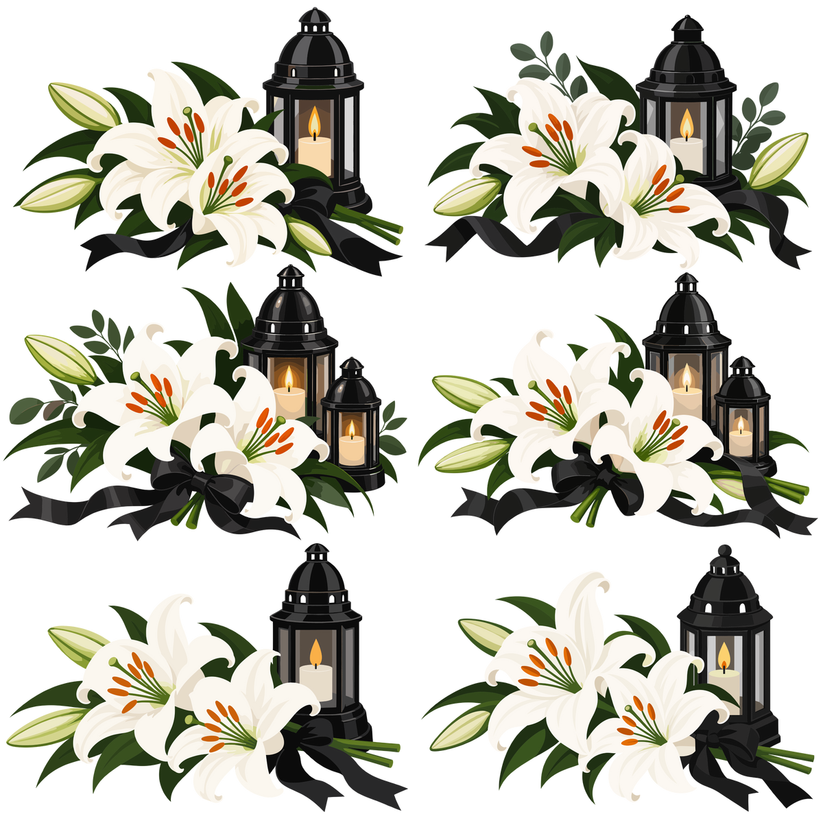 White lily funeral arrangements with black lanterns and ribbons
