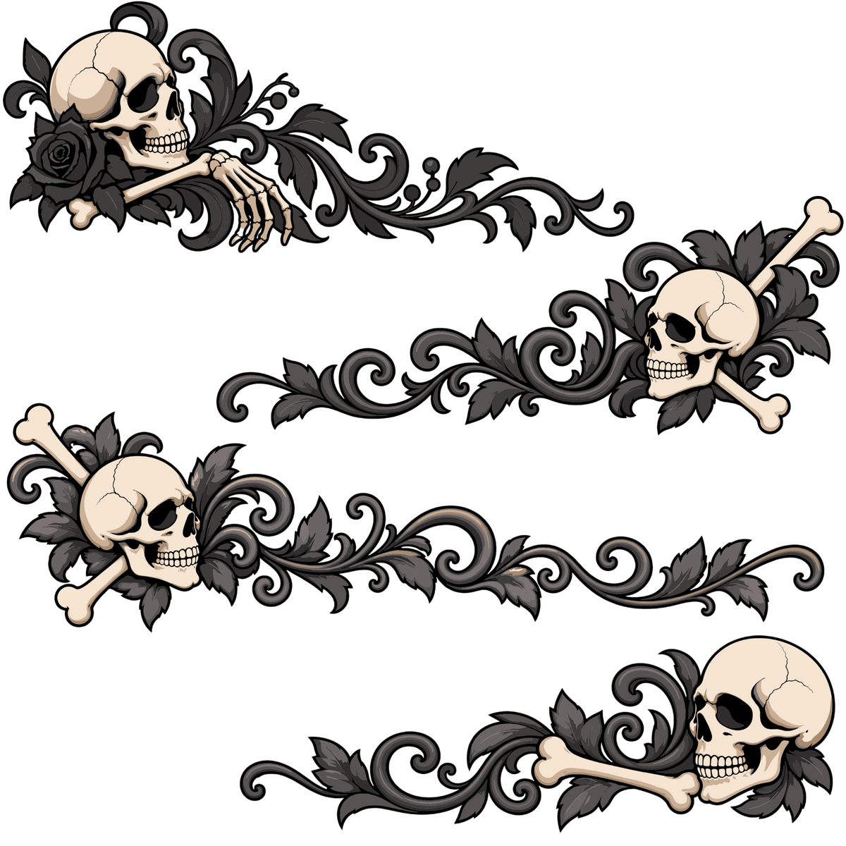 Gothic skull and crossbones floral border clipart set