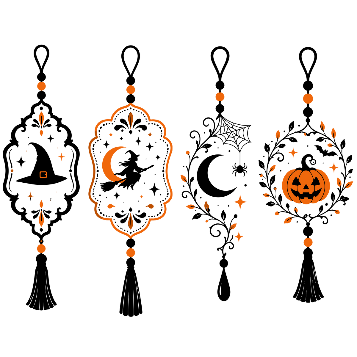 Halloween orange decorative elements with pumpkin moon and autumn leaves