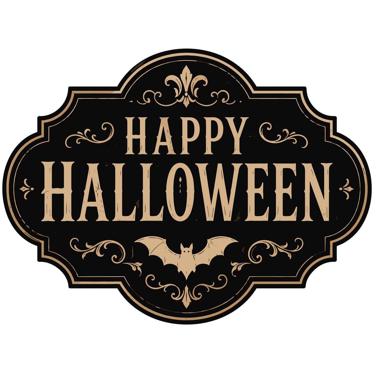 Vintage Happy Halloween sign with bat and ornate gothic design