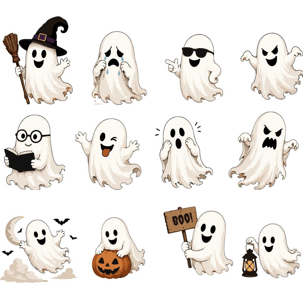 Cute Halloween ghost clipart set with funny spooky characters and props