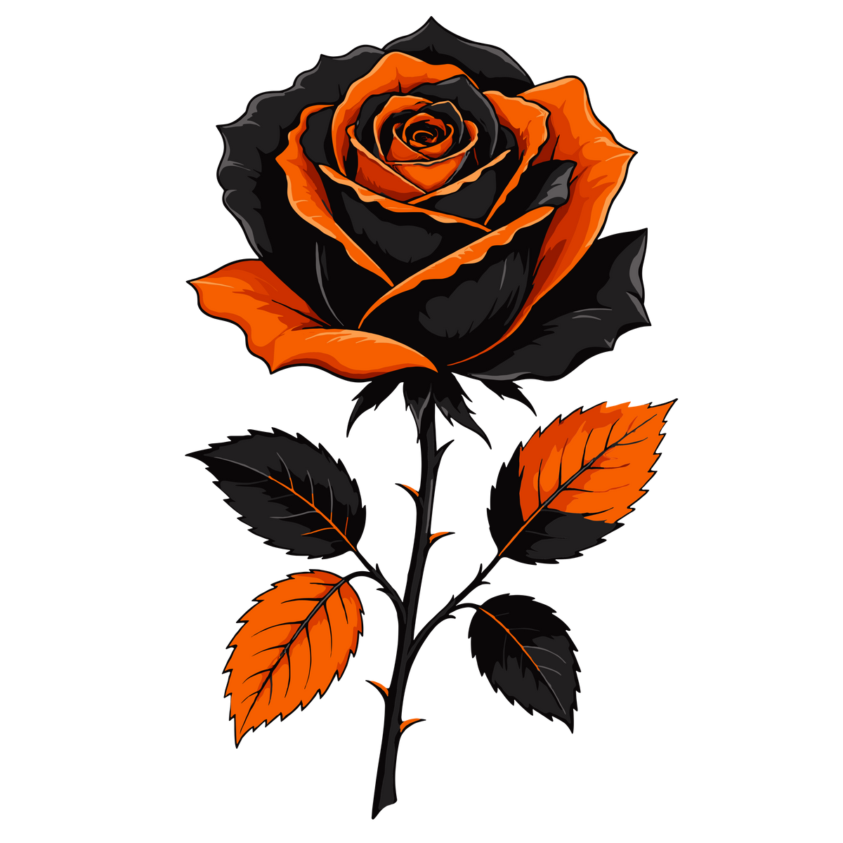 Black and orange Halloween rose clipart with autumn leaves