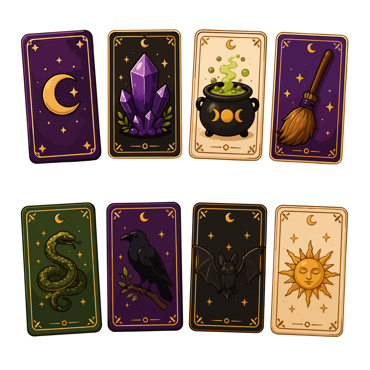 Mystical tarot cards with witchy symbols and magical objects clipart set