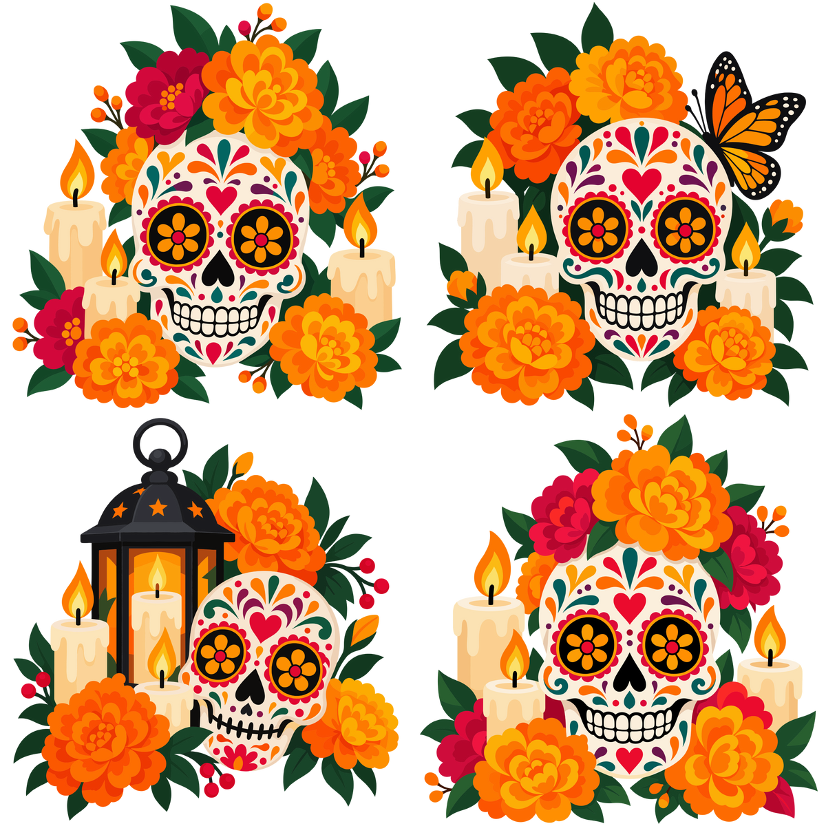 Dia de los Muertos sugar skulls with marigolds and candles clipart set