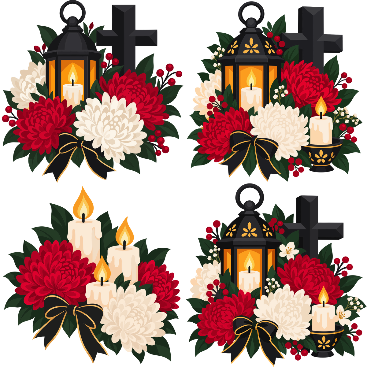 Memorial flower arrangements with candles crosses and chrysanthemums clipart