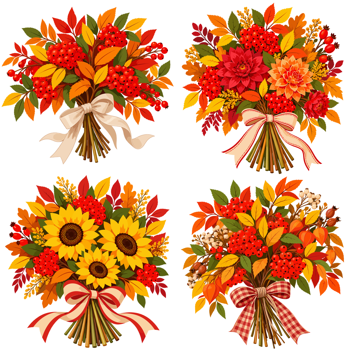 Autumn rowan berry bouquet collection with colorful foliage