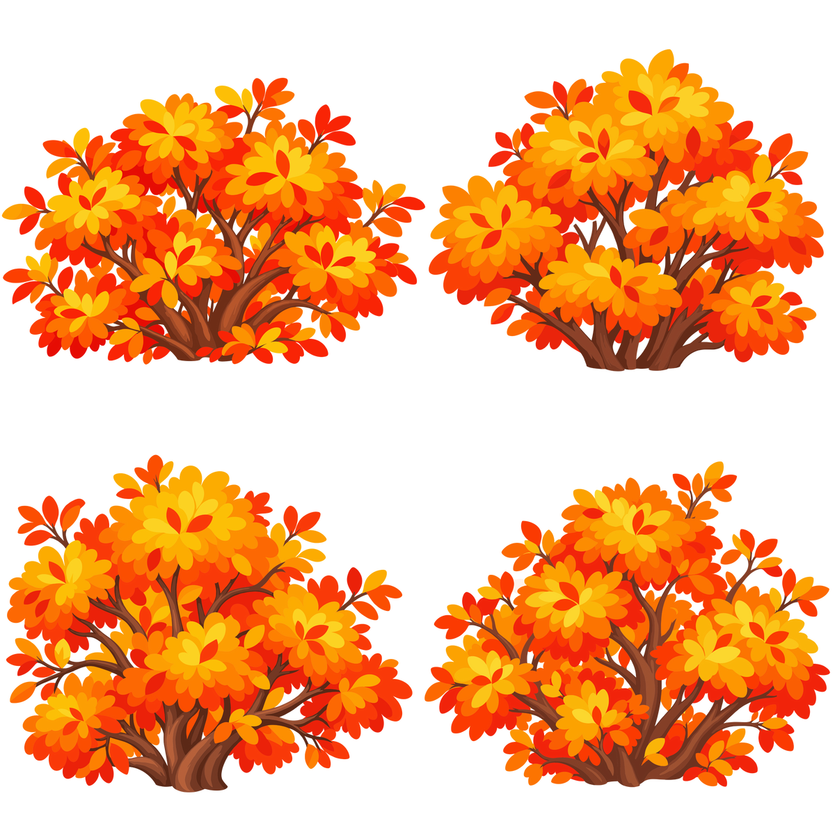 Autumn bush set with colorful foliage for fall woodland and seasonal designs