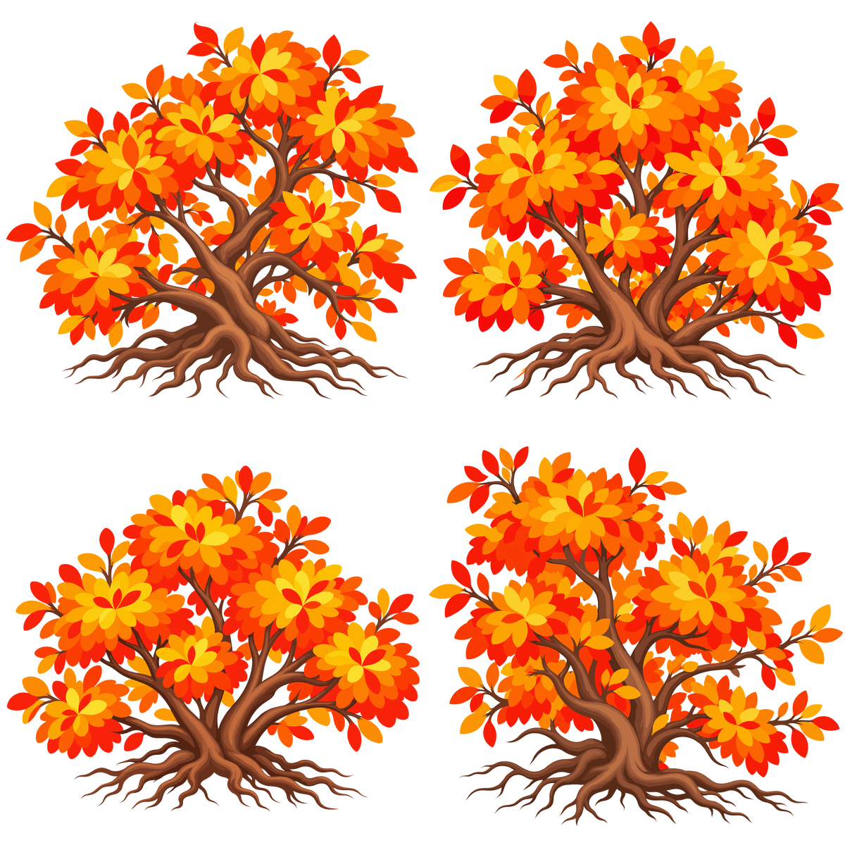 Autumn bush set with colorful foliage for fall woodland and seasonal designs