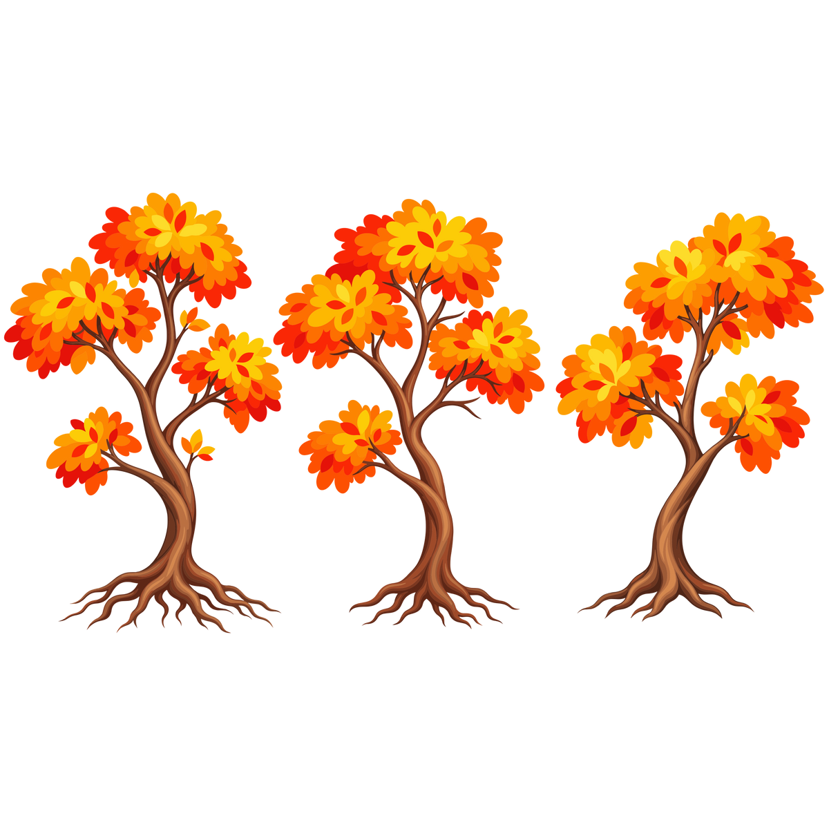 Autumn tree set with colorful orange and red foliage for fall woodland and seasonal designs