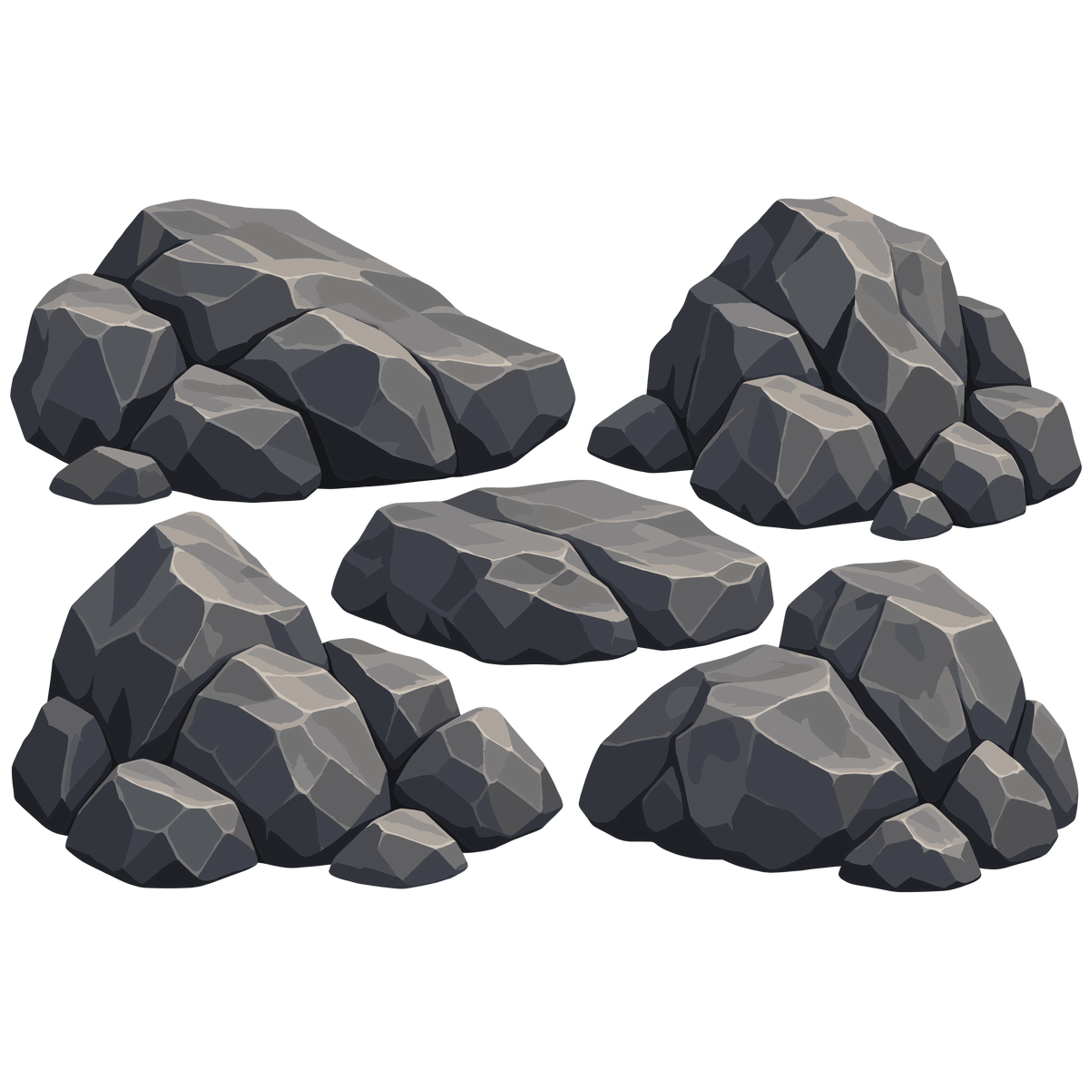 Dark gray rock set with rugged stones for woodland landscape and outdoor nature designs