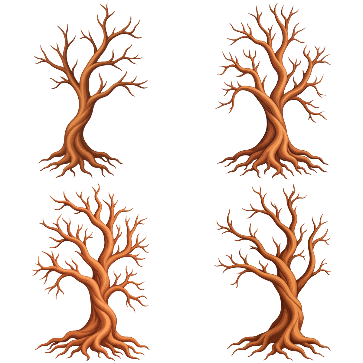 Bare autumn tree set with twisted branches and roots for woodland landscape designs