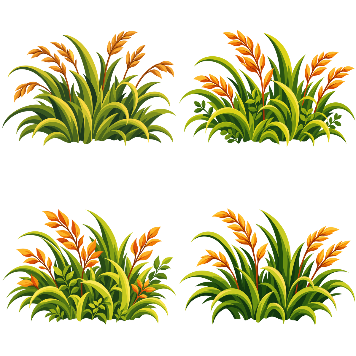 Autumn grass set with golden seed heads and lush green foliage for harvest and seasonal designs