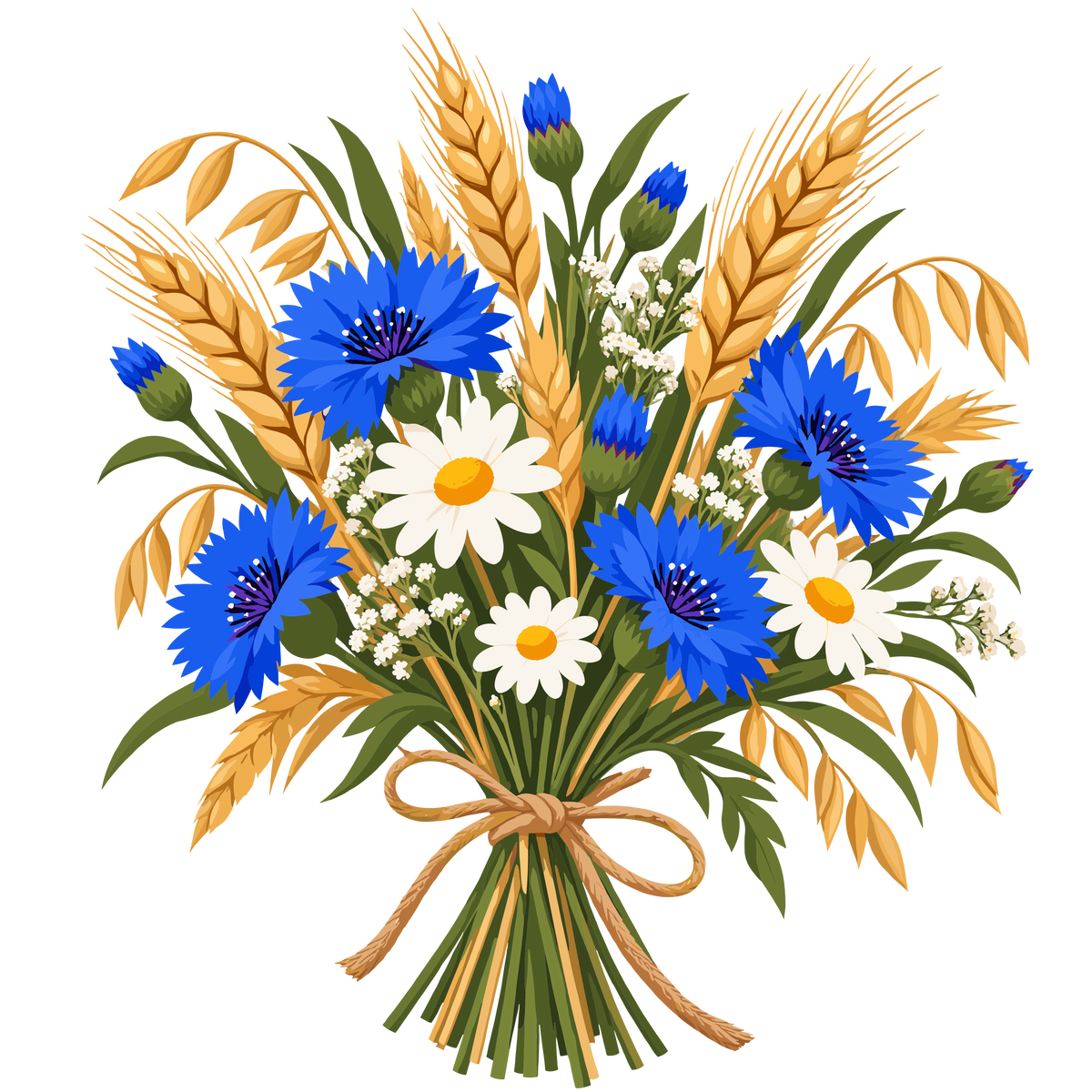 Rustic wheat and blue cornflower bouquet set of 3 with white daisies