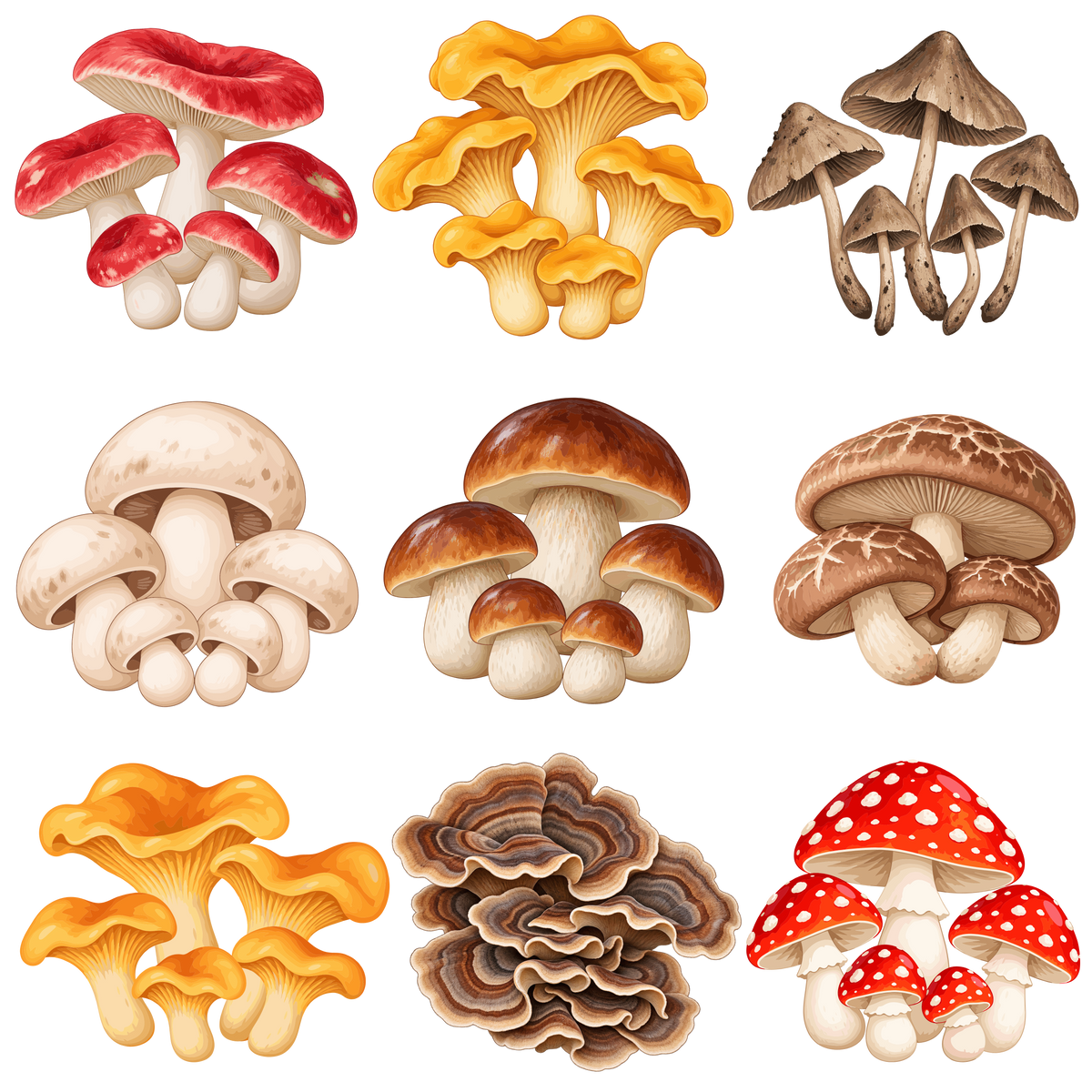 Decorative mushroom set of 9 with colorful forest fungi and woodland mushrooms