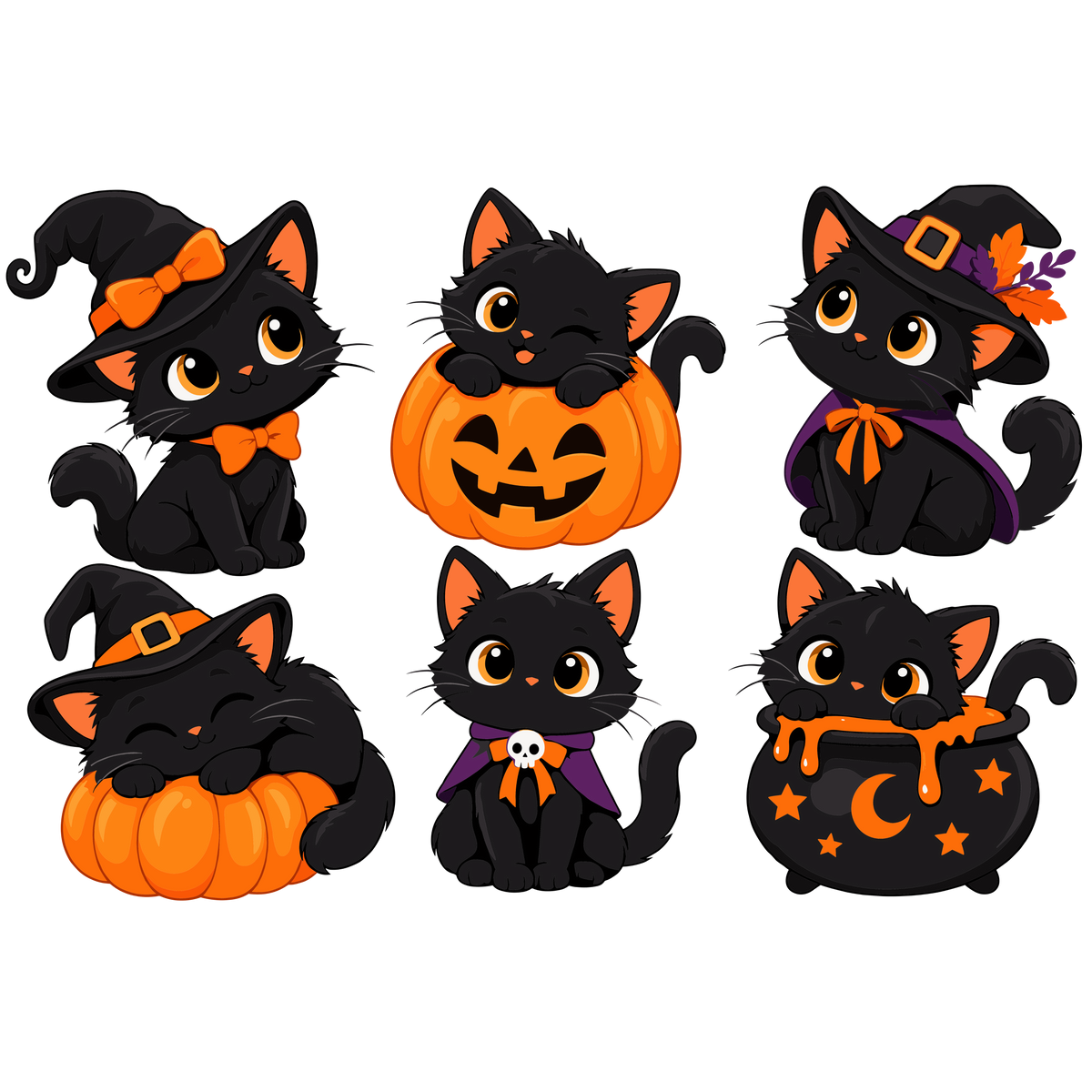 Halloween black cat clipart set of 6