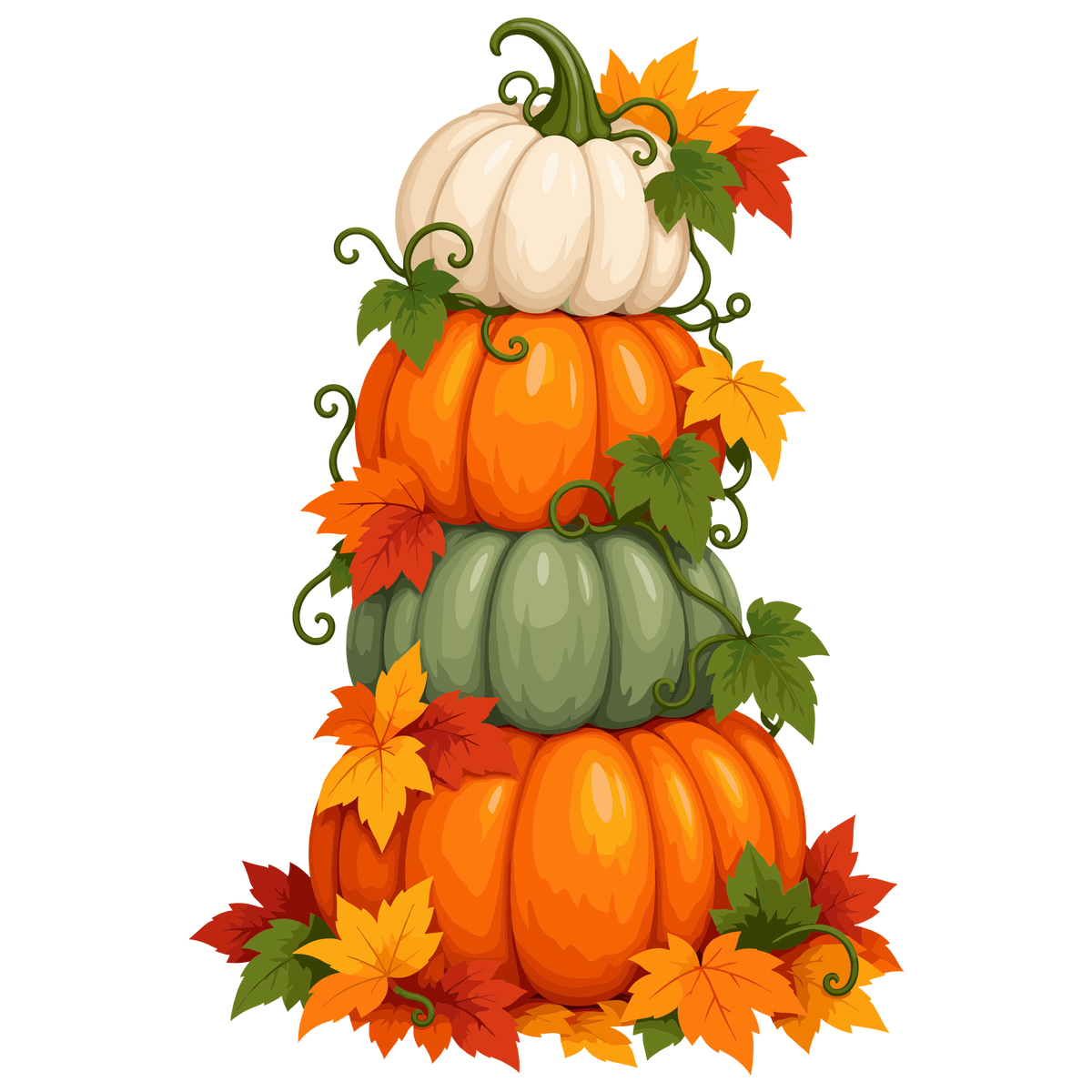 Decorative stacked pumpkin arrangement with orange, white and green pumpkins and autumn leaves