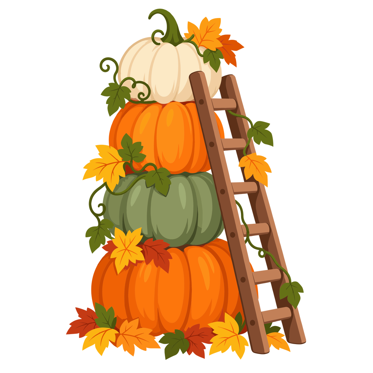 Autumn pumpkin stack with wooden ladder and fall leaves clipart