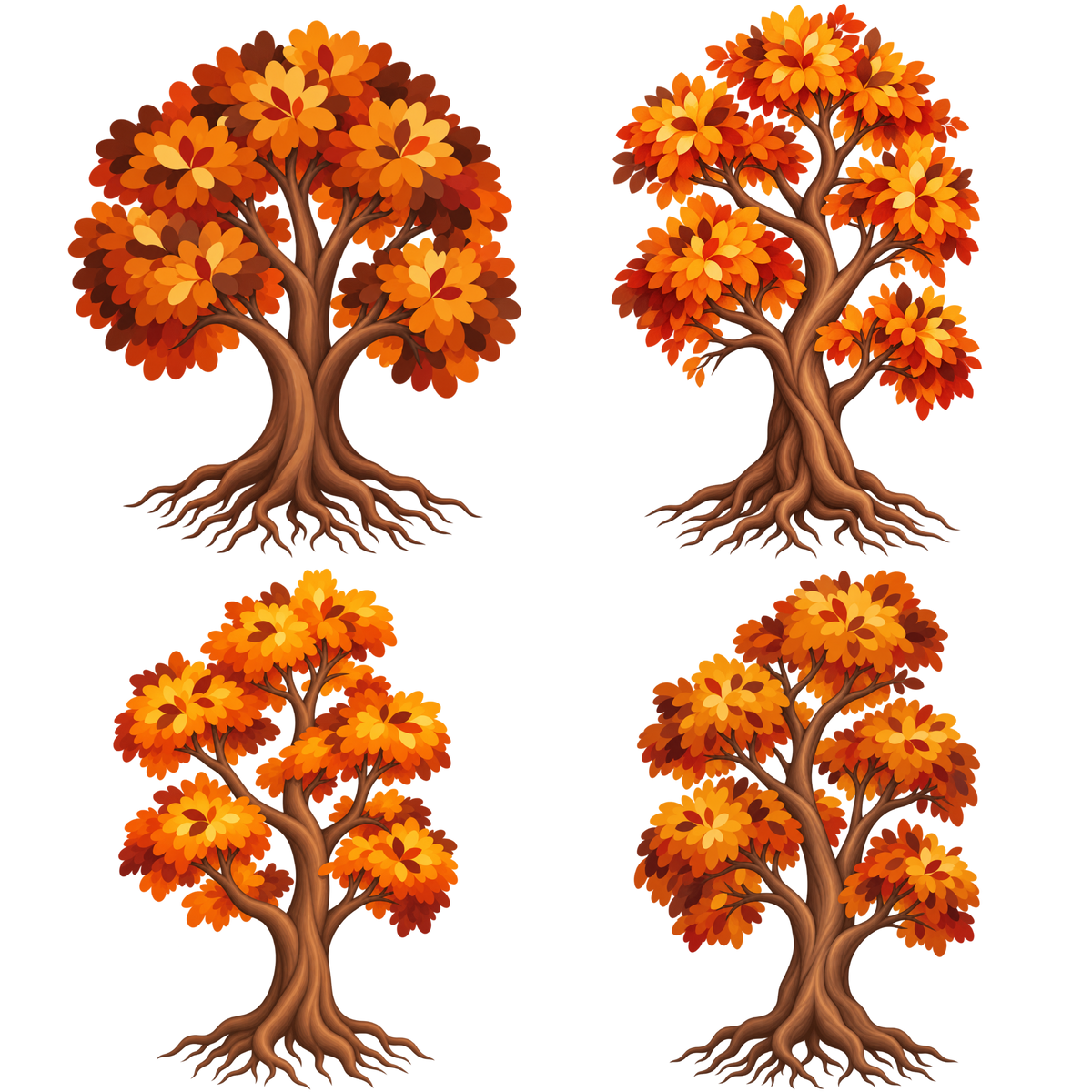 Autumn tree set with vibrant orange and brown foliage