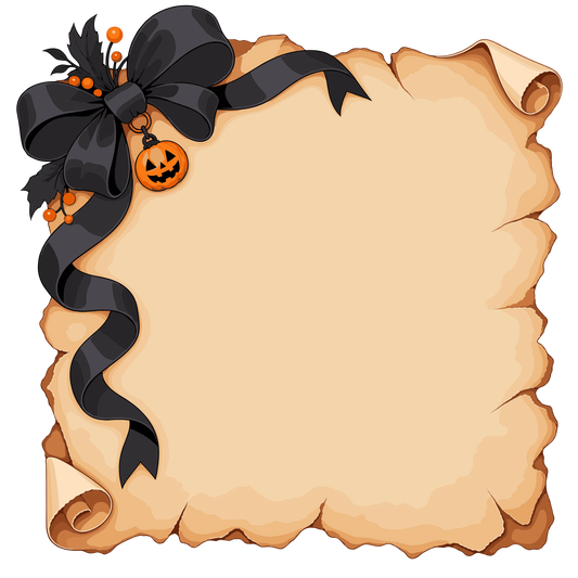 Halloween parchment scroll with black bow and pumpkin charm