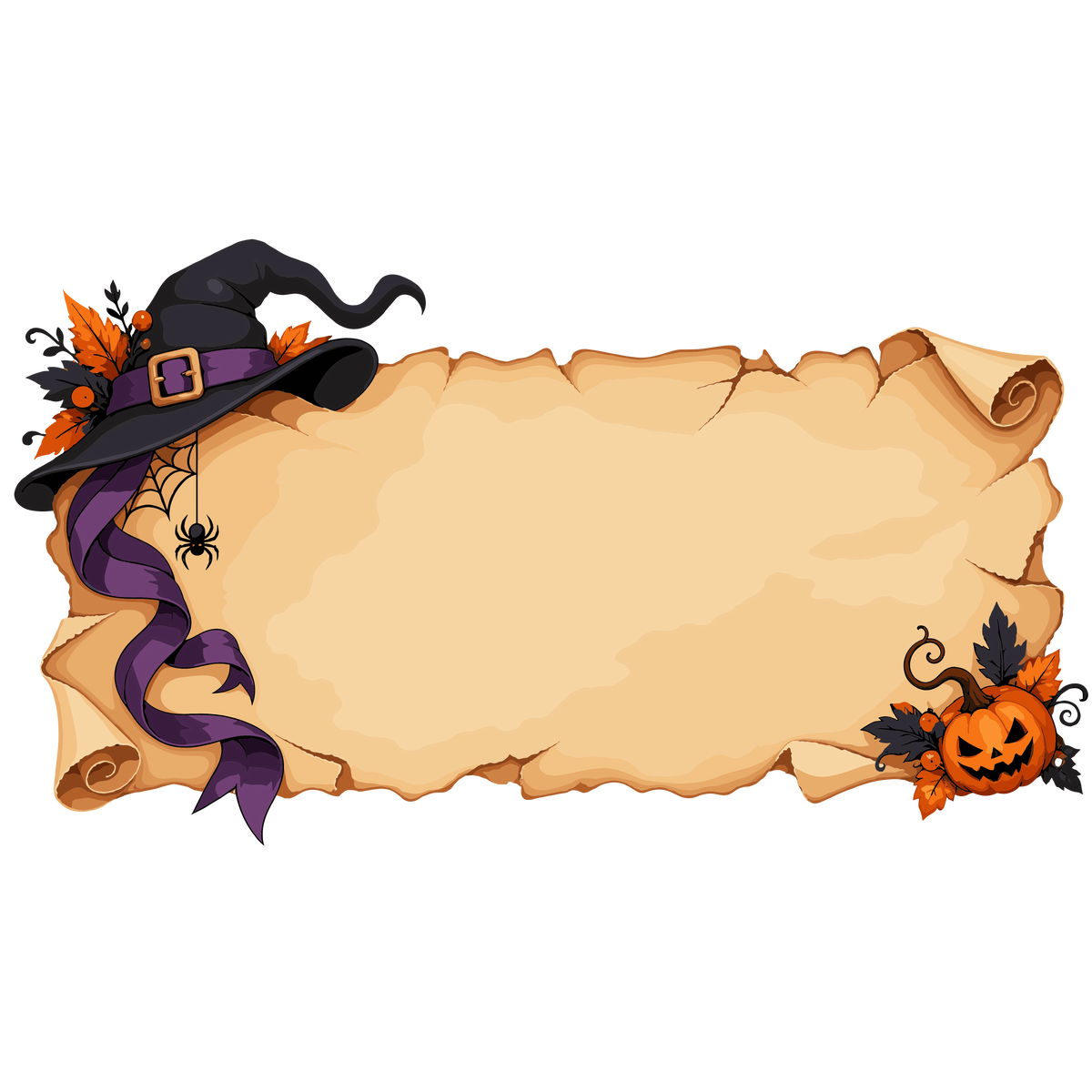 Halloween parchment scroll with witch hat and pumpkin
