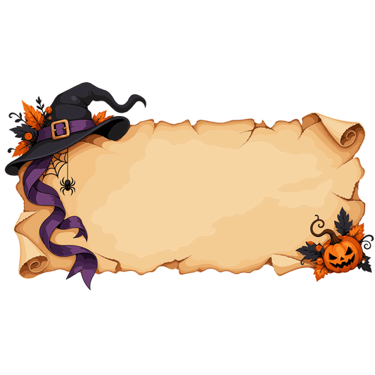 Halloween parchment scroll with witch hat and pumpkin