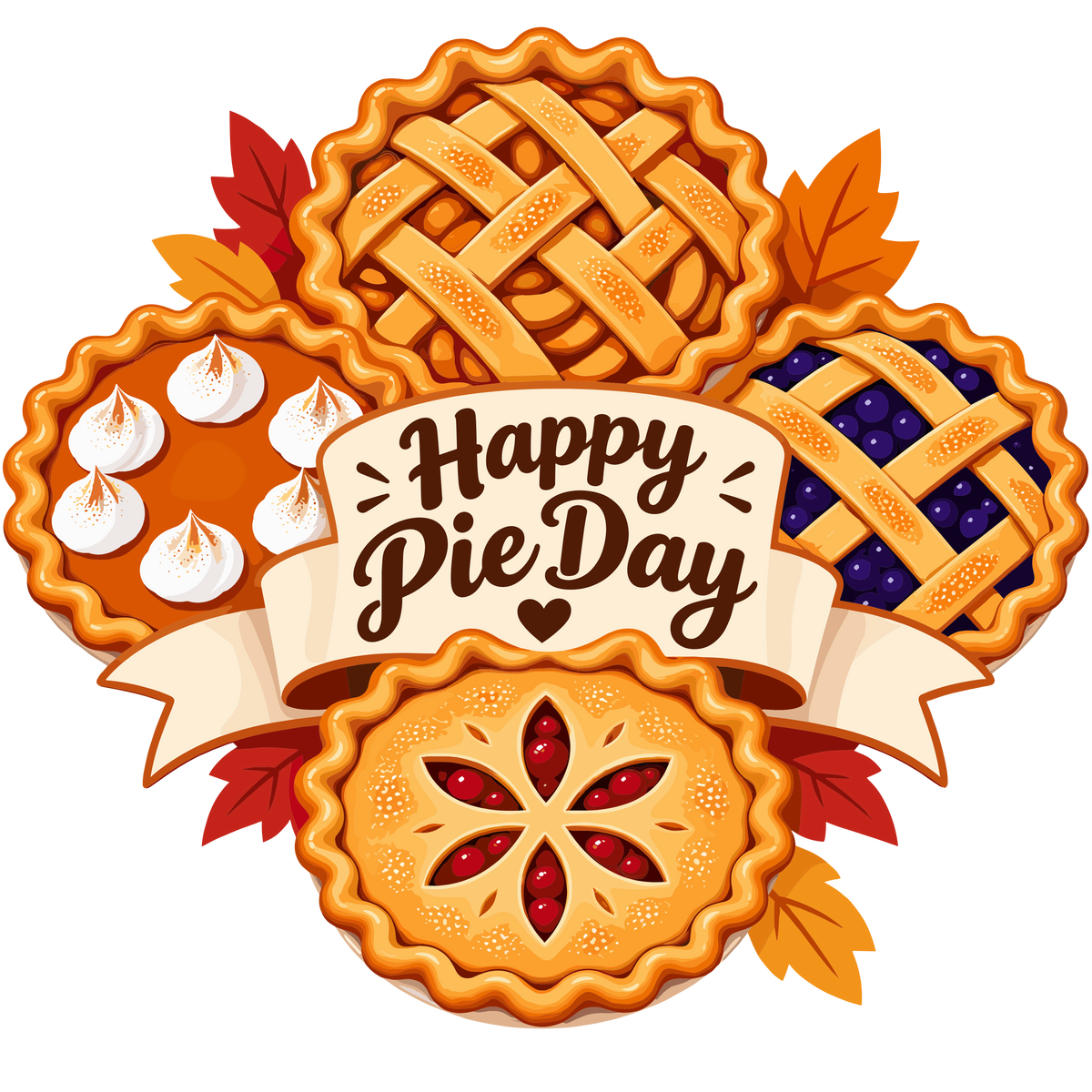 Happy Pie Day dessert illustration with assorted fruit pies and autumn leaves