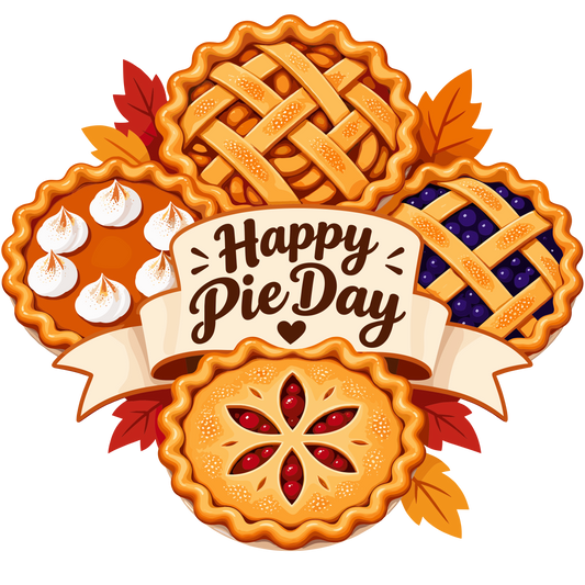 Happy Pie Day dessert illustration with assorted fruit pies and autumn leaves