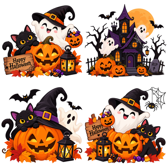 Halloween pumpkin ghost and black cat design set of 4