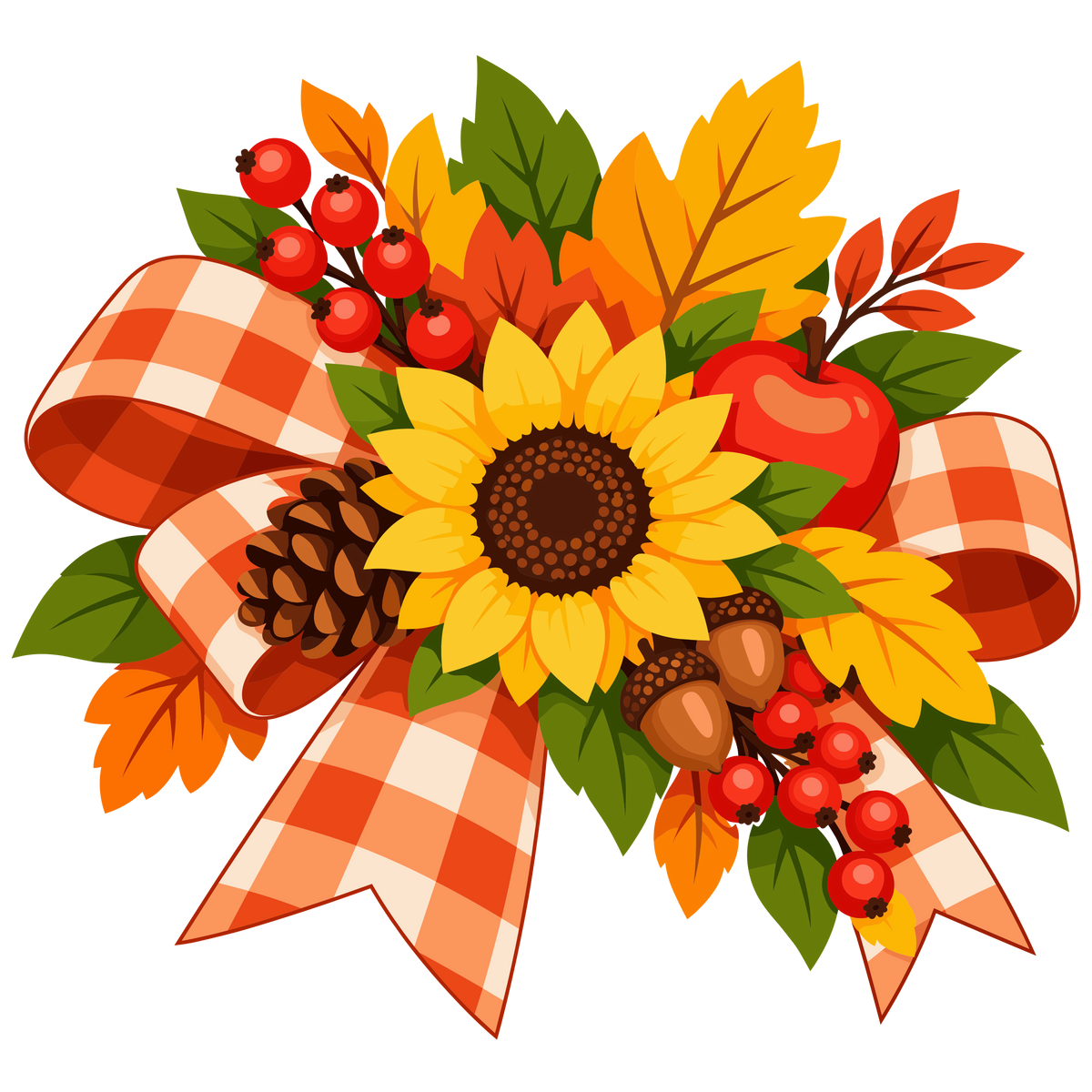Autumn sunflower and plaid ribbon harvest arrangement clipart