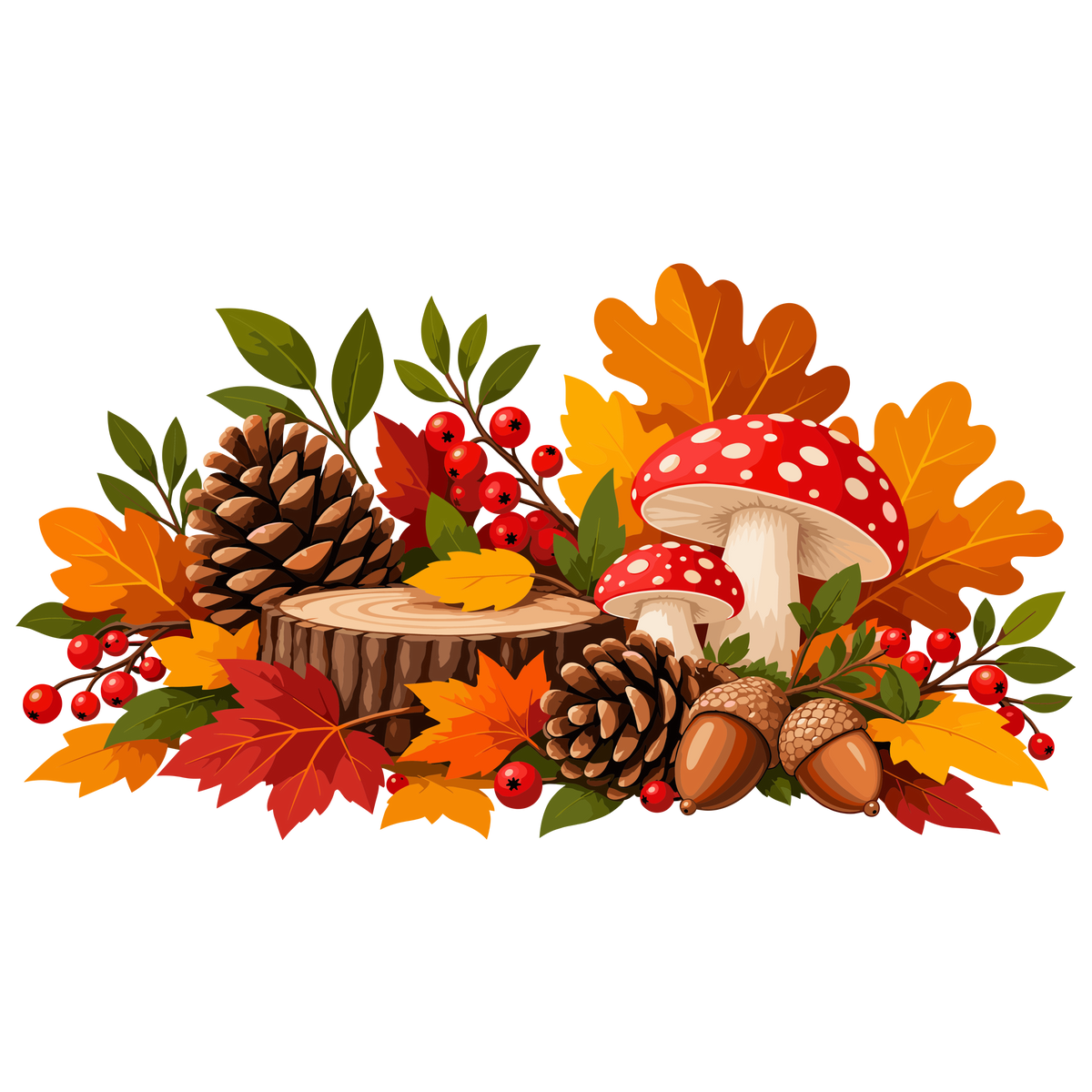 Autumn mushroom pine cone acorn and fall foliage clipart