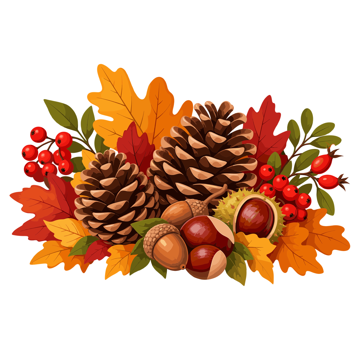 Autumn pine cones, acorns, chestnuts, berries and colorful leaves clipart