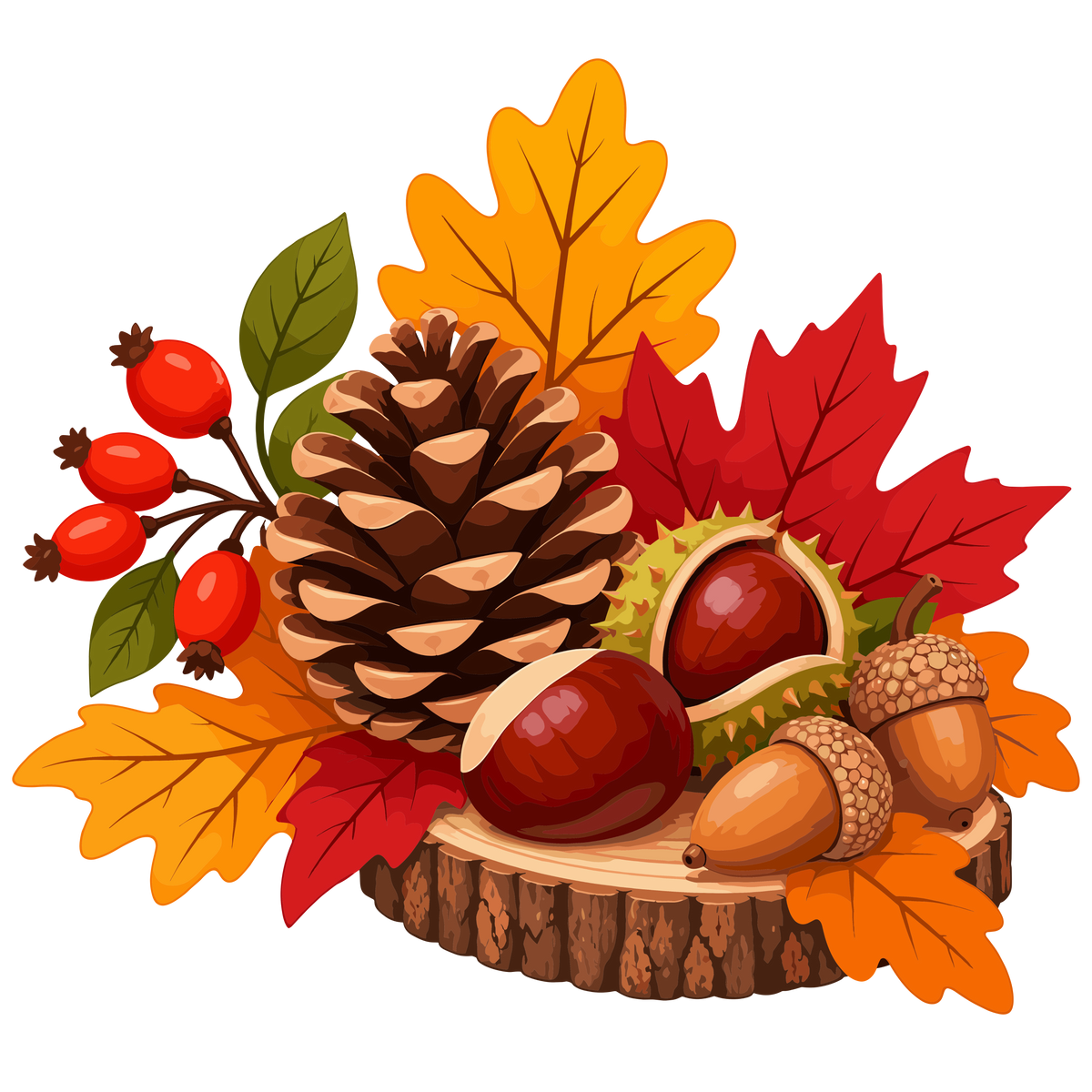 Autumn woodland arrangement with pine cone, acorns, berries and leaves