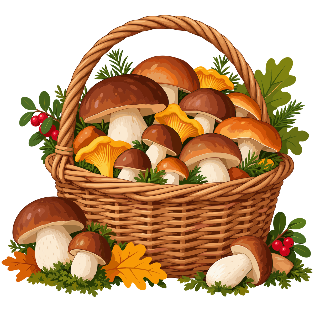 Rustic mushroom basket with autumn leaves, berries and forest foliage