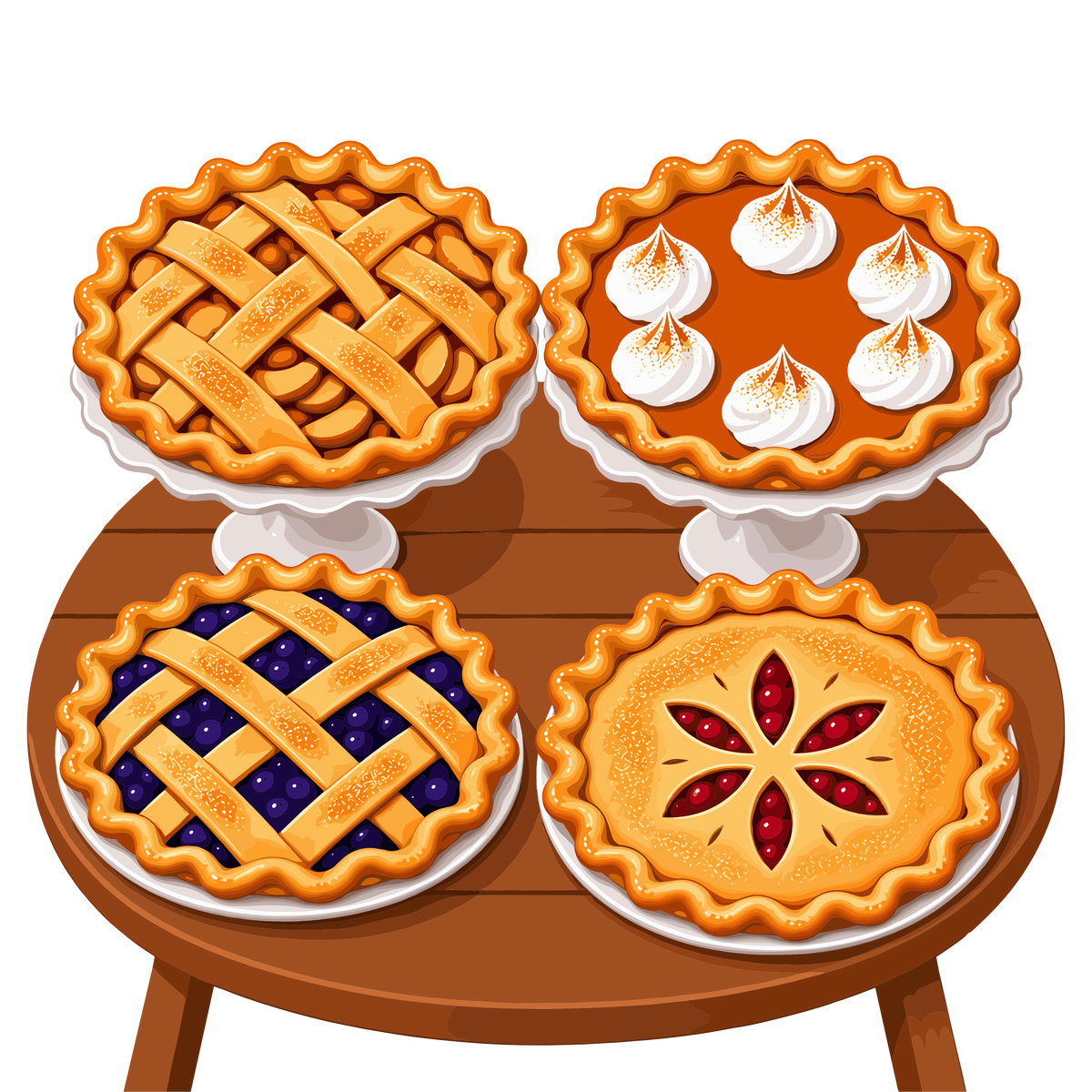 Autumn pie collection on wooden table with four fruit pies