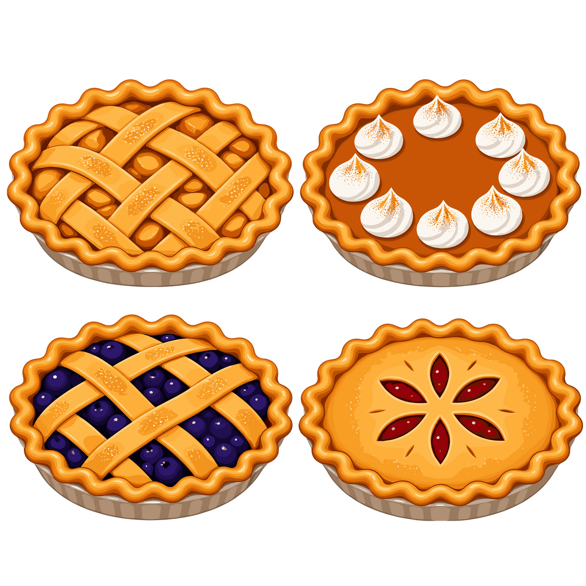 Autumn fruit pie clipart set with four homemade desserts