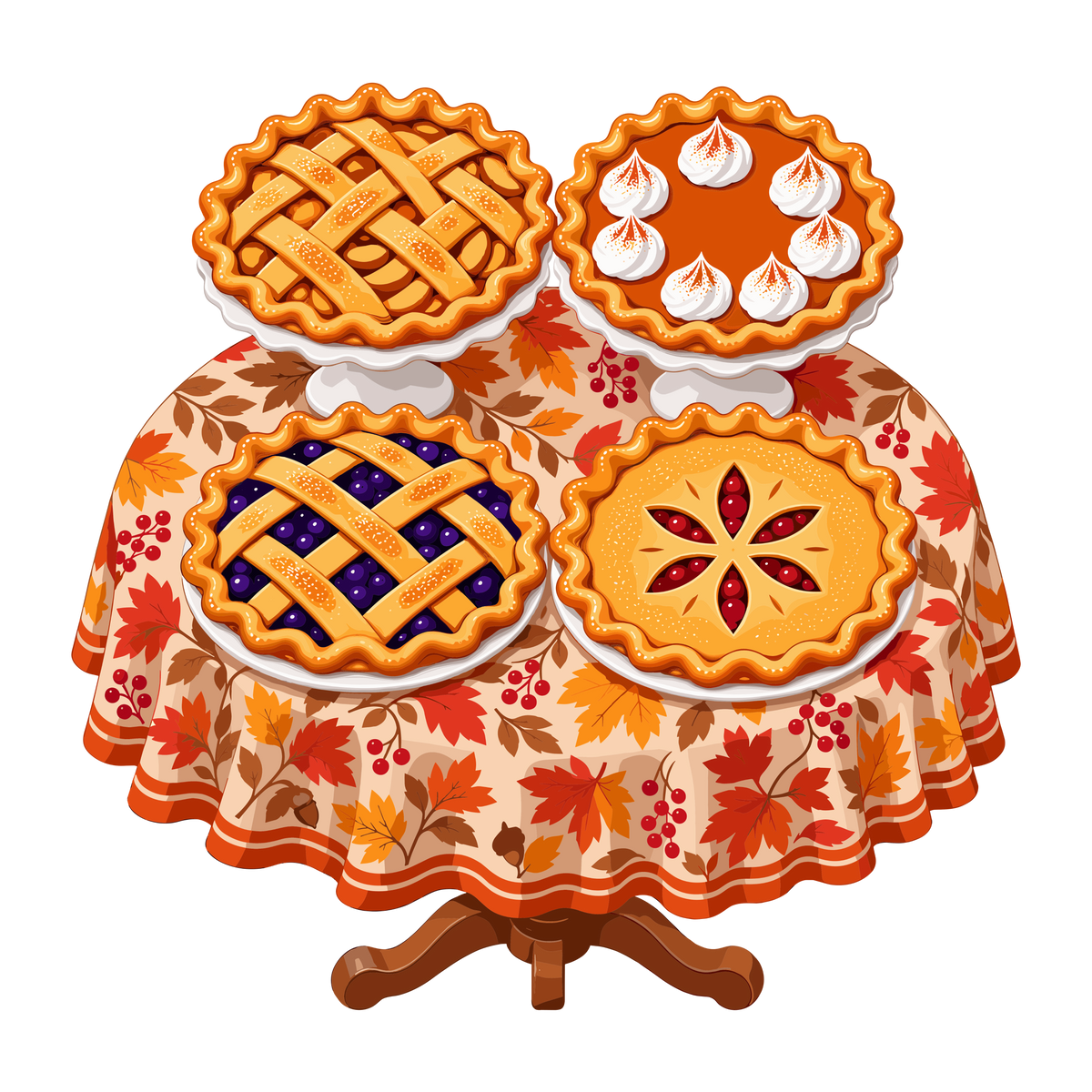 Autumn Thanksgiving pie collection on a festive leaf covered table