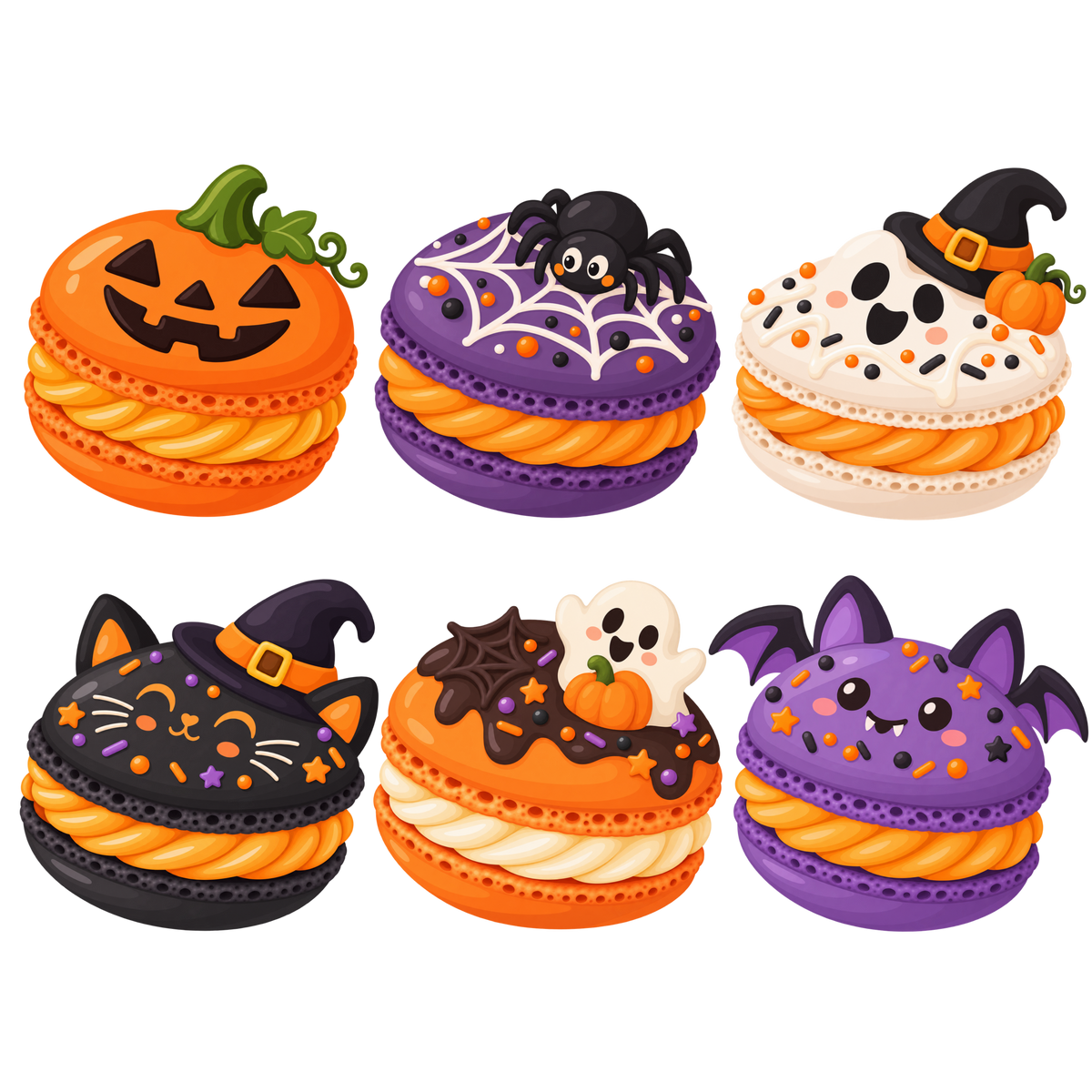 Halloween macaron clipart set with spooky pumpkin ghost and witch designs