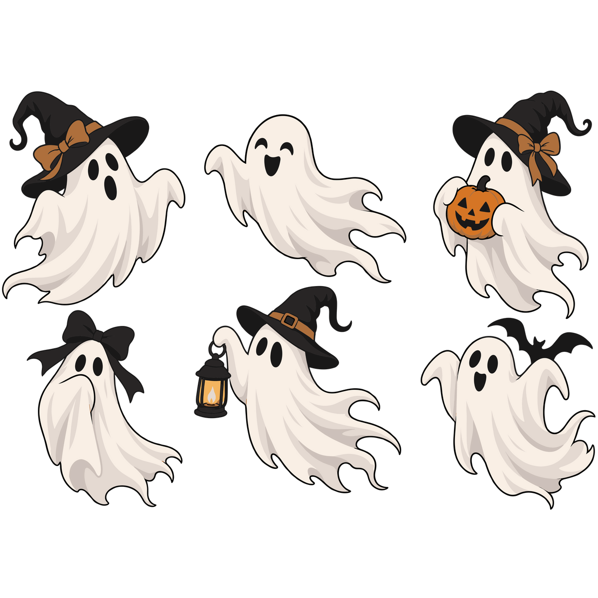 Cute Halloween ghost clipart set with witches hats pumpkins and lantern