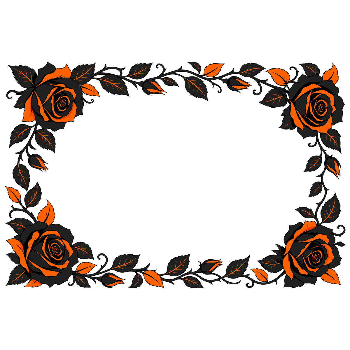 Halloween black and orange rose floral frame with autumn leaves
