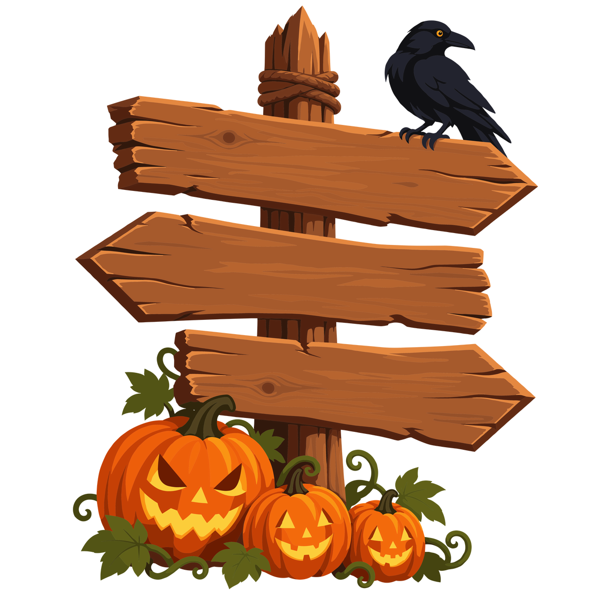 Halloween wooden sign with pumpkins and black crow clipart
