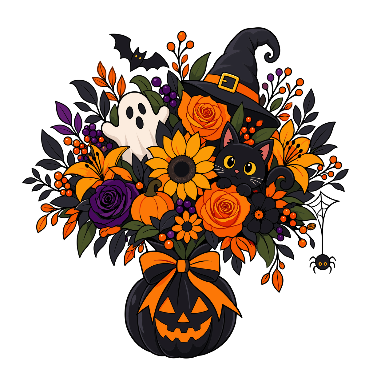 Halloween floral bouquet with black cat ghost pumpkin and witch hat