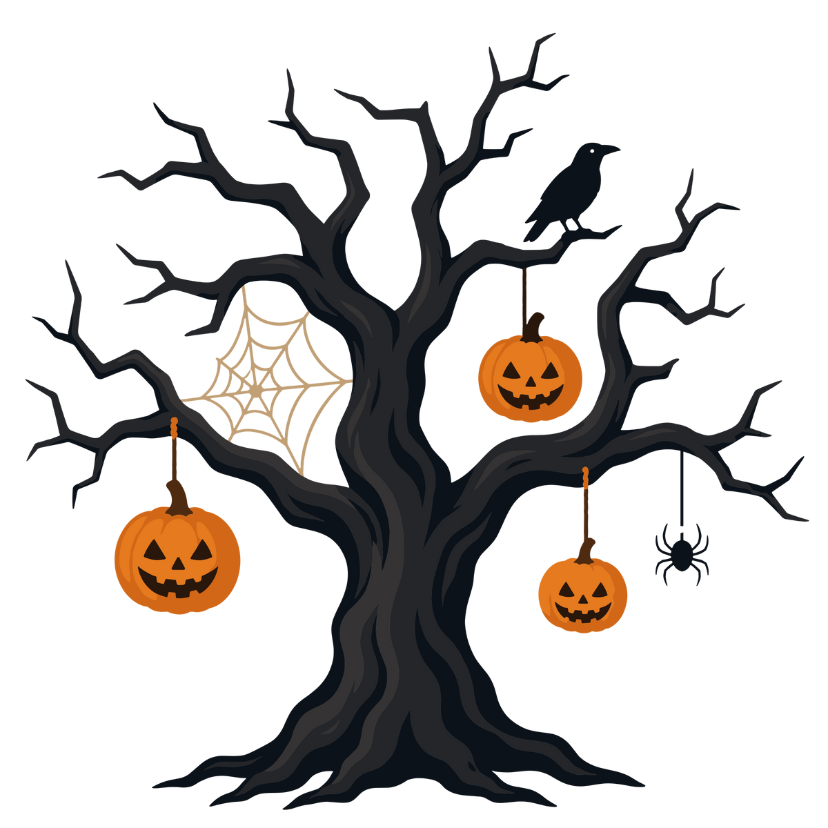 Halloween haunted tree with pumpkins and raven clipart